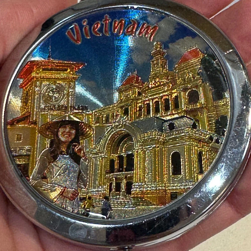 Vietnam Souvenir Compact Mirror Silver Tone Folding Dual Mirror‎ 3D Relief Art